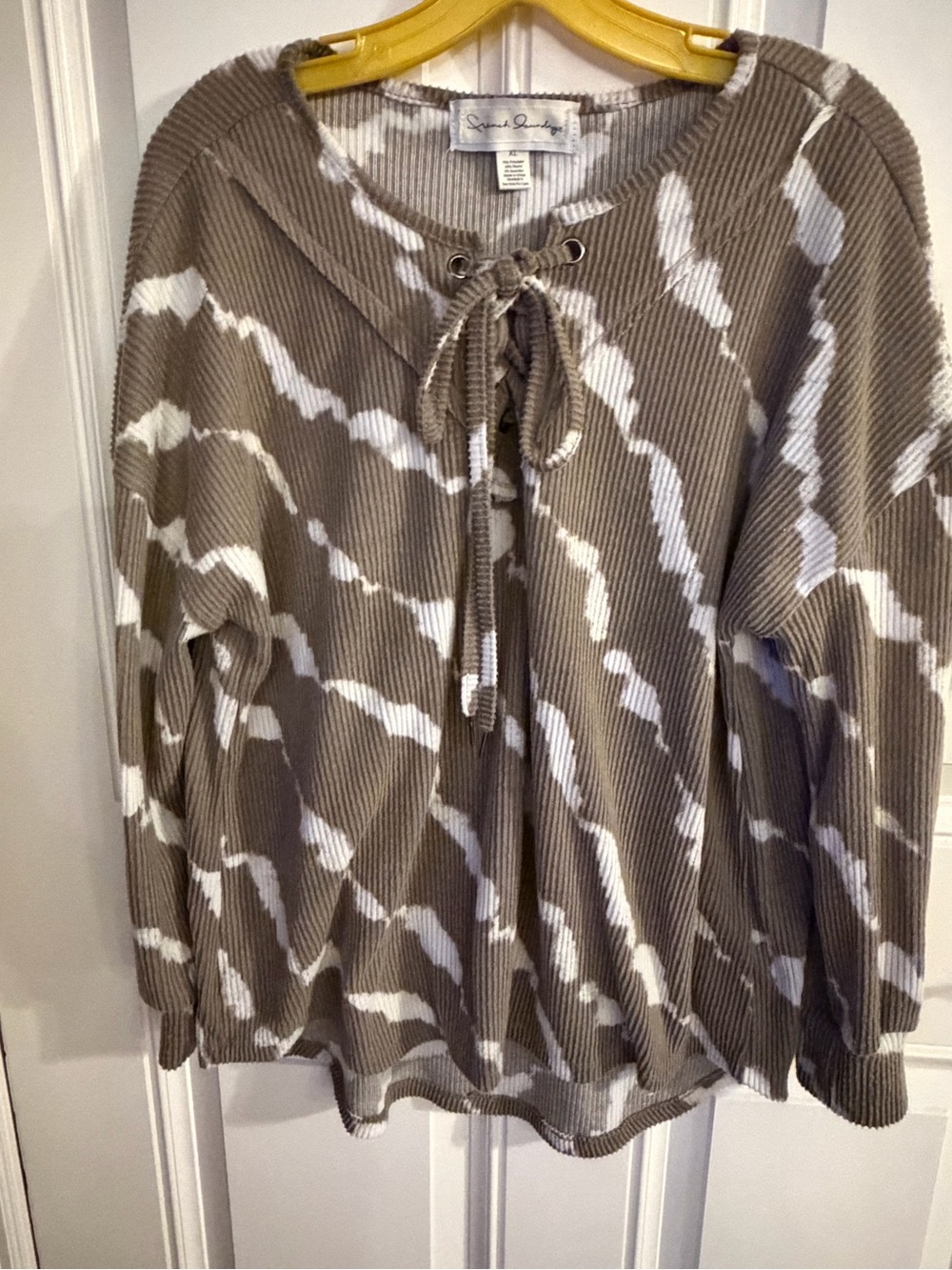 French Laundry Taupe & White Lace-Up Ribbed Hoodie